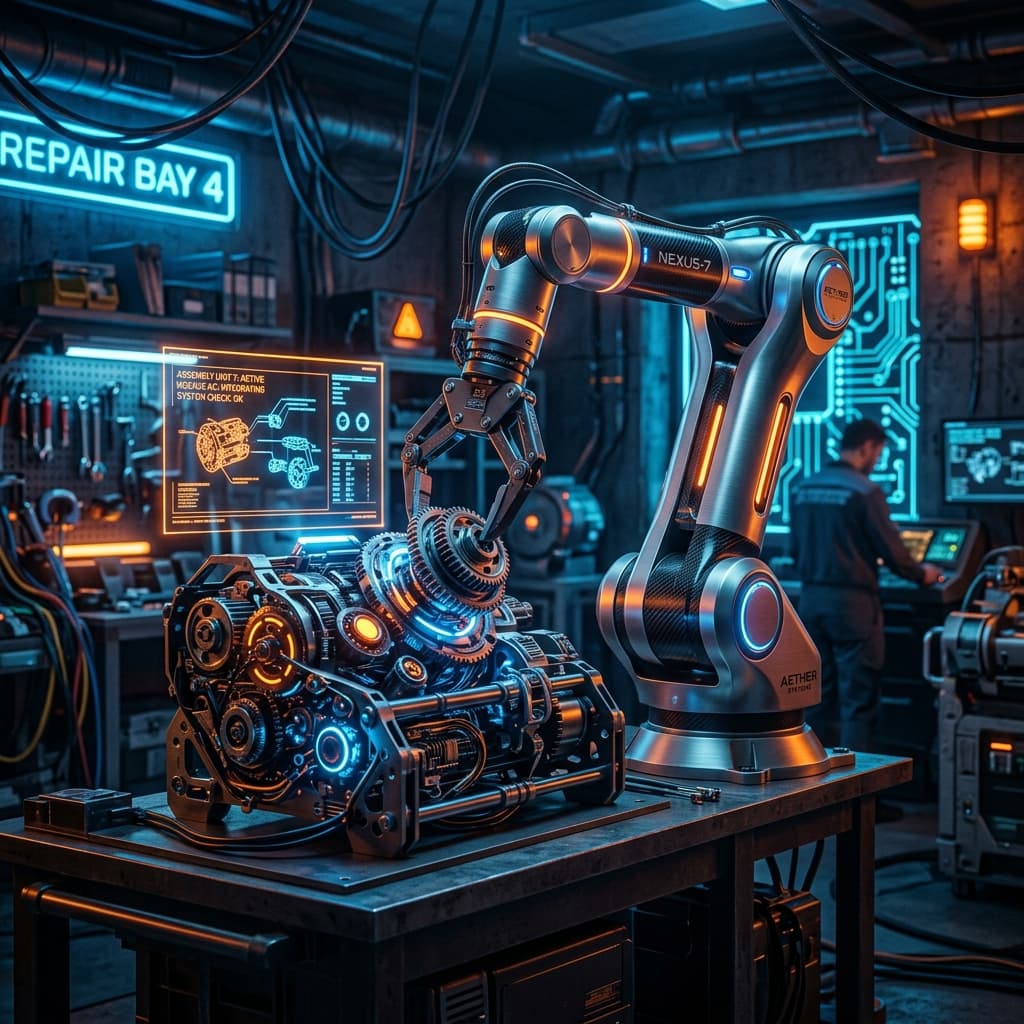 Sleek robotic arm assembling a complex machine