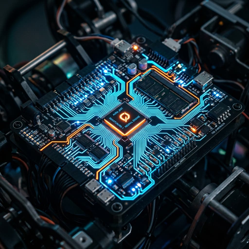 High-tech robotics circuit board with glowing traces